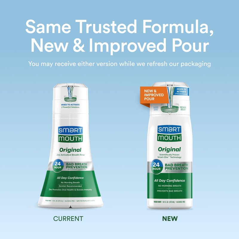 SmartMouth Original Zinc Activated Mouthwash & Tongue Cleaner - Instant Fresh Breath Mouthwash - Eliminates Bad Odors & Bad Breath - Sugar, Gluten & Alcohol-Free - Fresh Mint - 16 fl oz, 1 Count