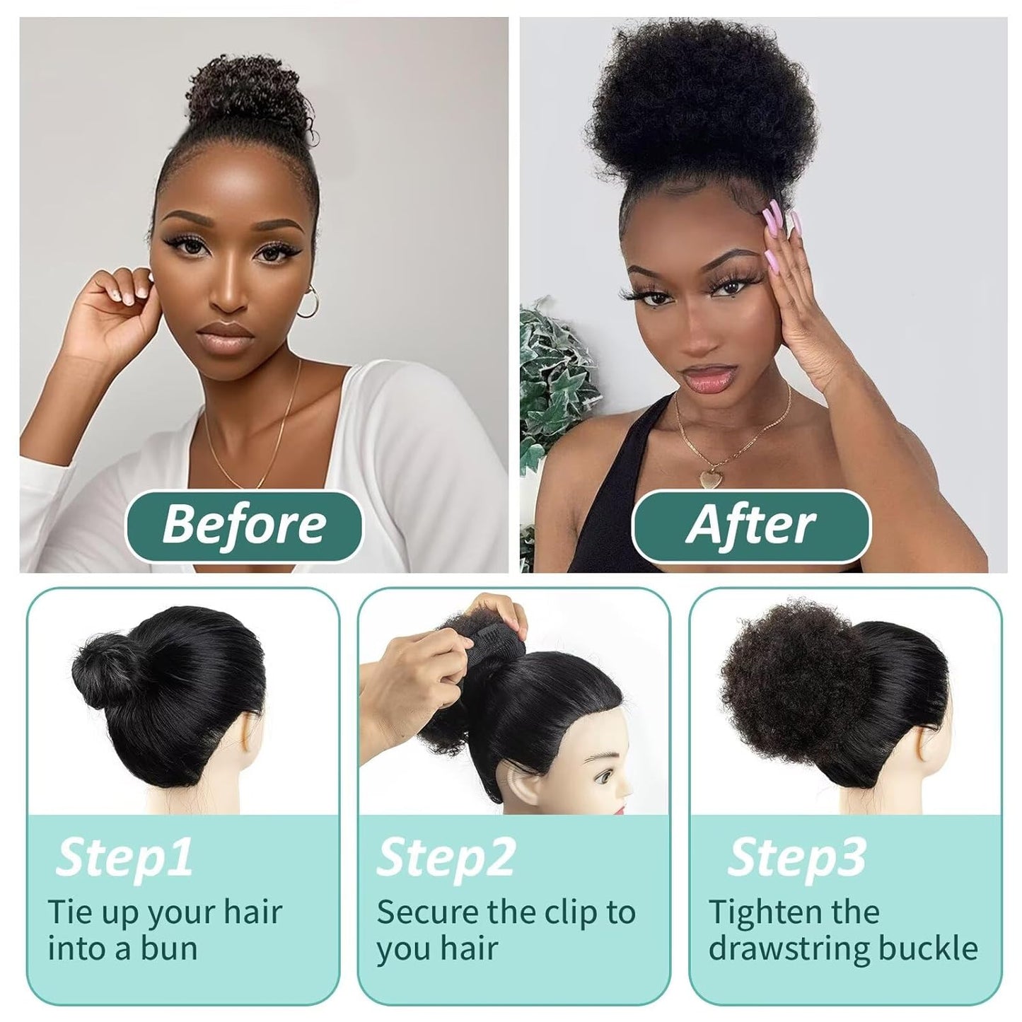 Afro Puff Clip-On Ponytail Extension - 8 Inch Natural Black Human Hair | Kinky Curly Bun for Black Women