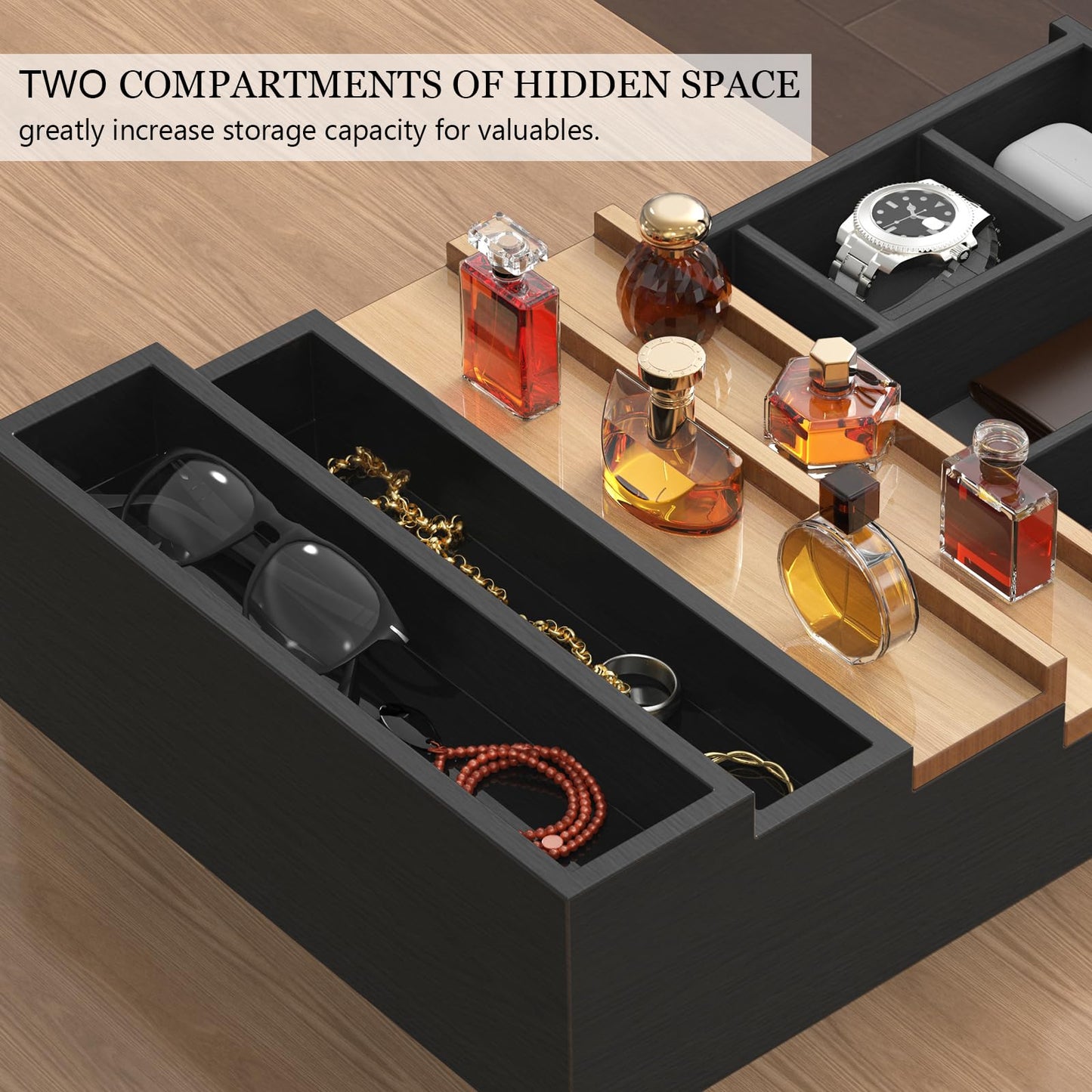 Zaldia Wooden Cologne Organizer for Men 4 Tier of Perfume Display Holder of Drawer & 2 Hidden Compartments Larger Storage Space Mens Perfume Organizer Shelf Stand,Gift for Man (4T-Black Walnut)