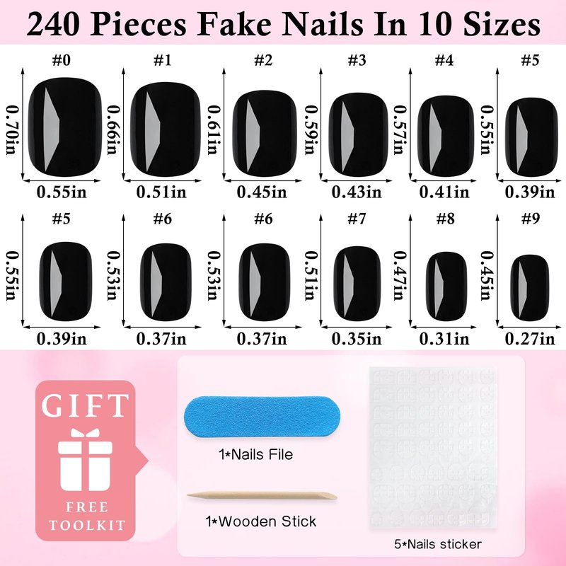 240pc Black Press on Nails Short Squoval Fake Nails with Glue Tabs, Extra Short Nails Press on Nail Square Round Glue on Nail Black Acrylic Nail XS False Nail Women Girls Artificial Fingernails Kit