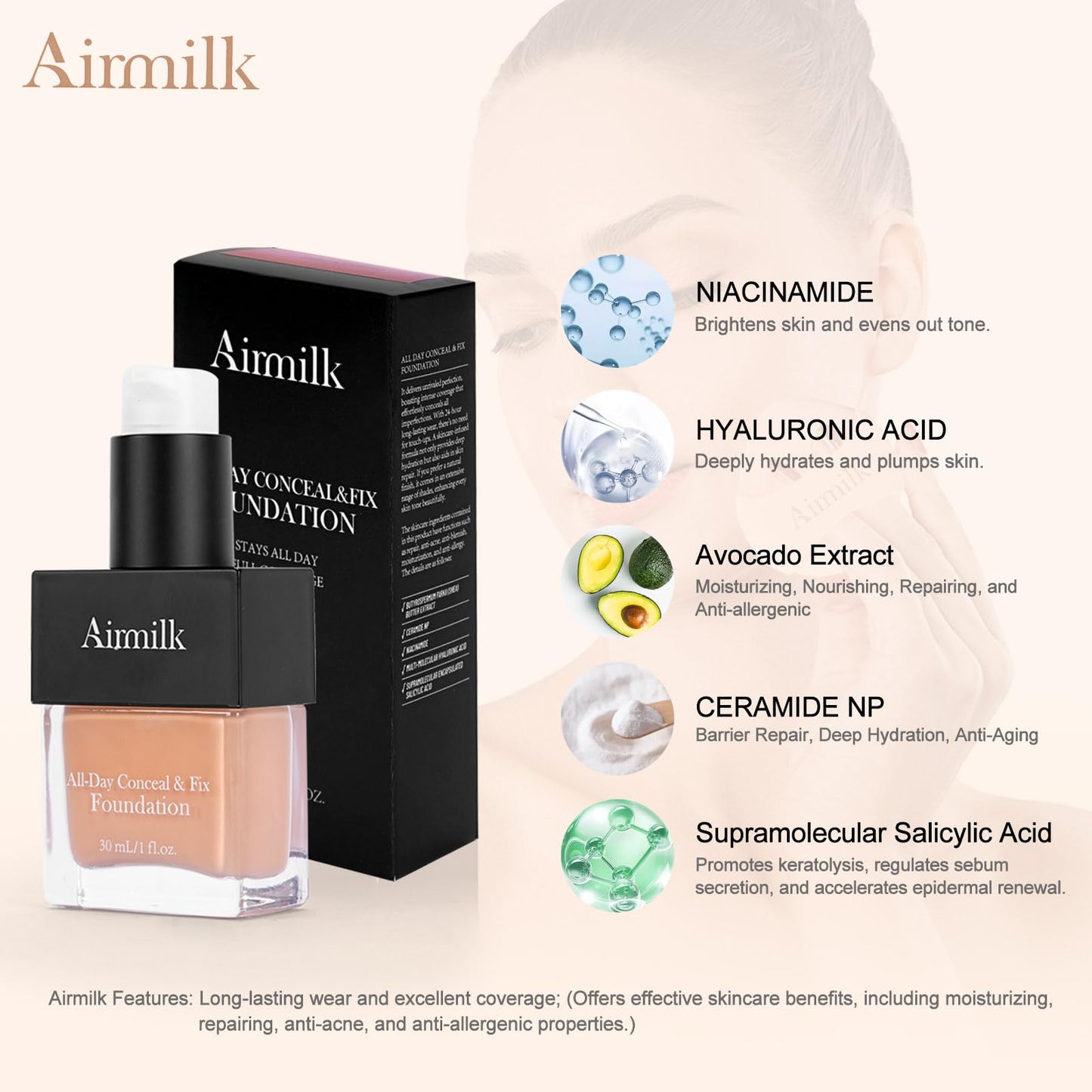 Airmilk Full Coverage Natural Liquid Foundation, Skincare Makeup with Salicylic Acid, Tattoo Cover, for All Skin Types, Sensitive Skin 30ml（MEDIUM COOL）