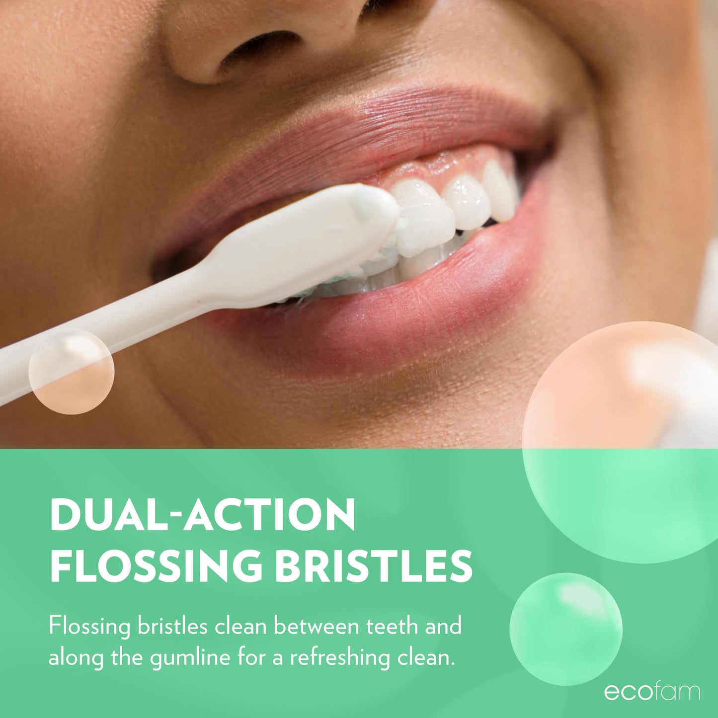 EcoFam Compostable Toothbushes, Dual Action Flossing Bristles, Silver Infused Soft Bristle Toothbrush, Natural Toothbrushes for Adults, Multi Color, 8-Pack