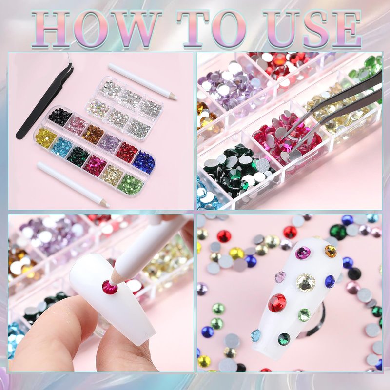 Nail Art Rhinestone Colorful Rhinestones Round Glass Gems Ab & Silver Flatback Crystal Diamonds with Tweezers and Wax Pencil Suitable for Nail Makeup Art Design and DIY Craft Projects