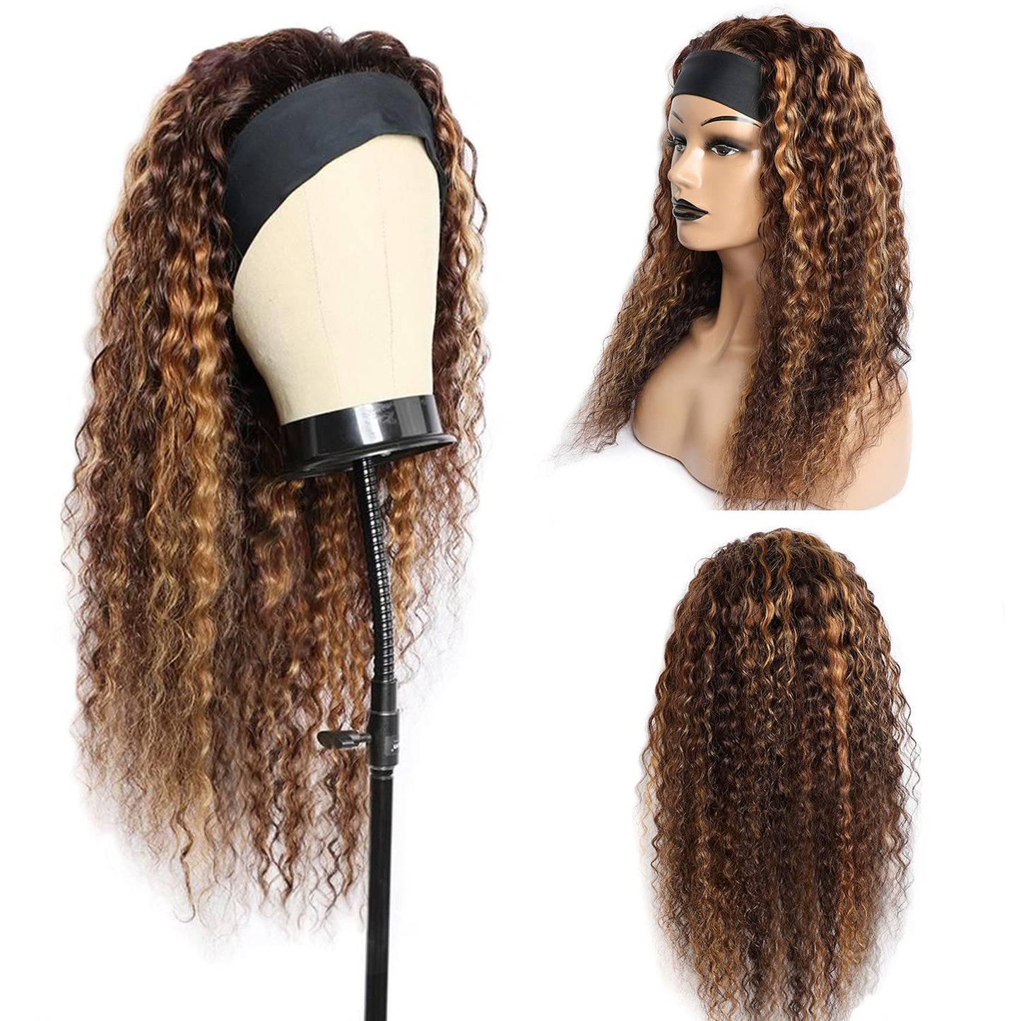 Aiterina Headband Wig deep wave human hair wigs for Black Women Brazilian Remy Hair Glueless Non Lace Front Wig Wear and Go Wigs Machine Made 150% Density (12 inch, 4/27 Highlight)