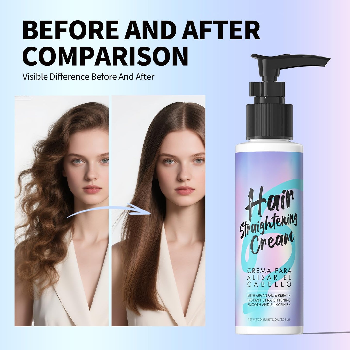 gowwim Hair Straightener Cream, 72h Long-Lasting Frizz Control Heat Protection up to 230°c (450℉) Plant Extracts Nourishing Smoothing Straightening Cream for Frizzy & Curly Hair