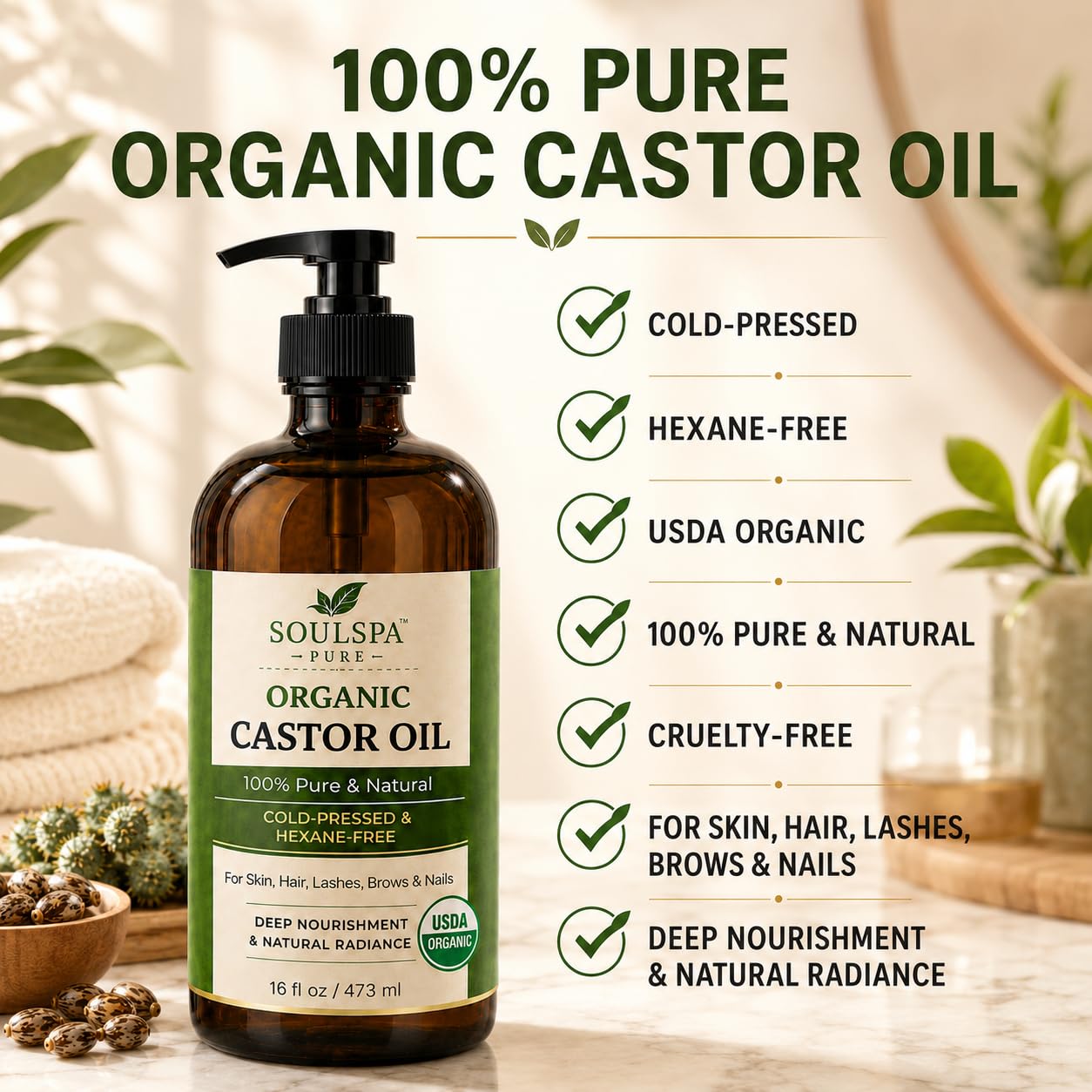SOULSPA PURE Organic Castor Oil for Hair, Scalp, Skin, Face & Eyelashes | USDA Certified | 100% Pure Castor Oil Organic Cold Pressed Unrefined Glass Bottle, Hexane Free 16 fl oz