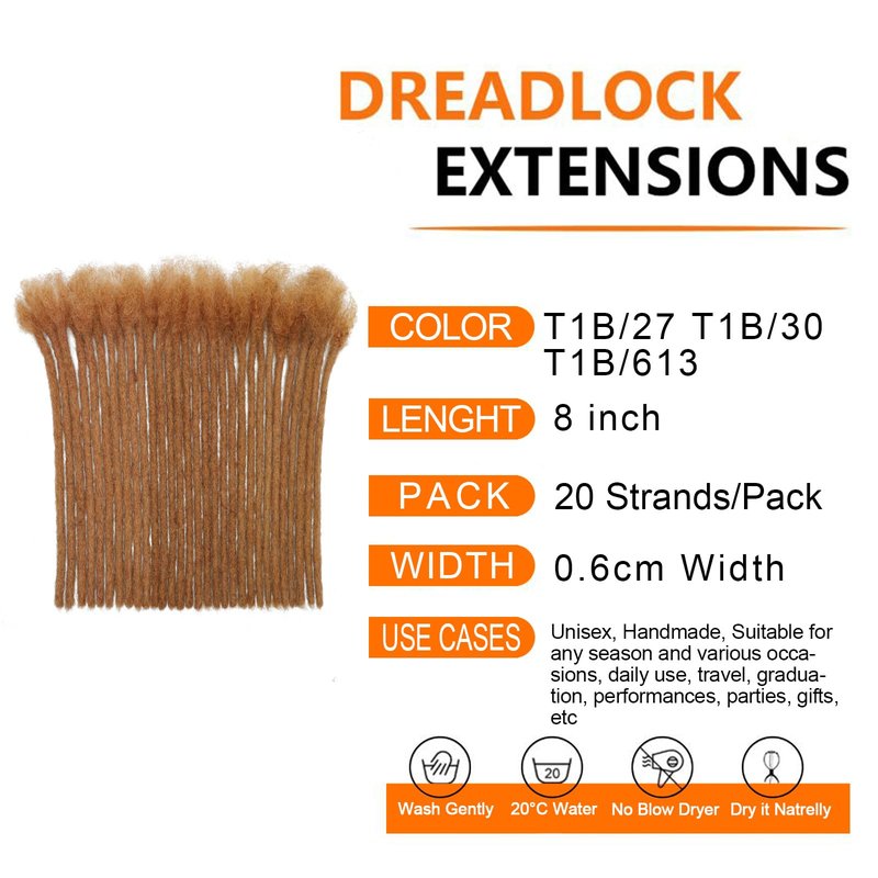 Dreadlock Extensions Human Hair 0.6cm Width 8 Inch 20 Strands, 100% Human Hair Loc Extensions, Full Handmade Locs Extensions for Men/Women, Can be Dyed Soft Dreads, #30 Brown