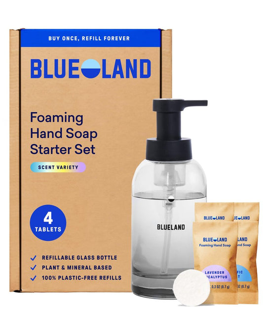 BLUELAND Hand Soap Starter Set, 1 Refillable Glass Foaming Hand Soap Dispenser in Slate with 4 Refill Tablets, Variety Scents, 4 x 9 Fl oz
