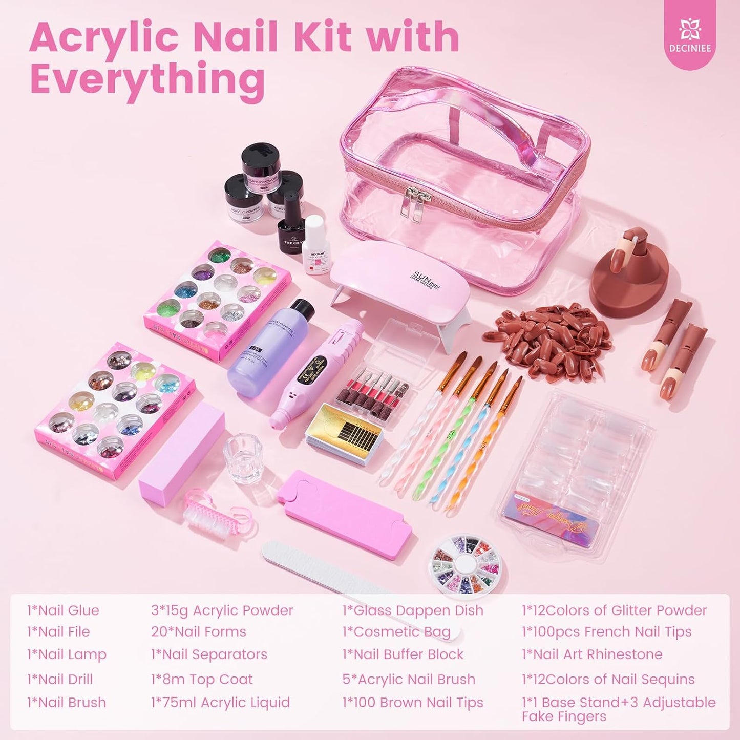 Nail Kit for Beginners - Complete Acrylic Powder Set with UV Light & Practice Finger | Rose Pink