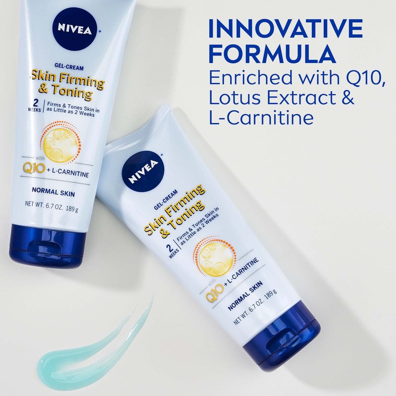 Nivea Nourishing Hydration Skin Firming Body Lotion (16.9 Fl Oz) + Skin Firming & Toning Body Gel Cream with Hyaluronic Acid (6.7 Oz), Enriched with Q10 and Vitamin C