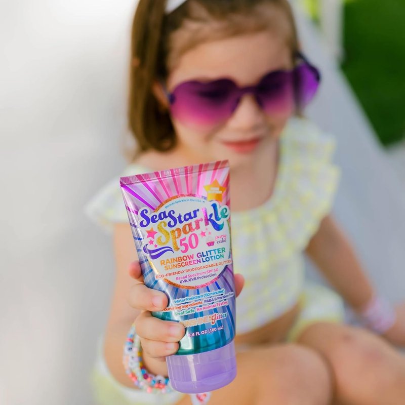 Rainbow Party Cake Scented Glitter Sunscreen - SPF 50, Biodegradable & Water Resistant | 3.4oz Kids Lotion