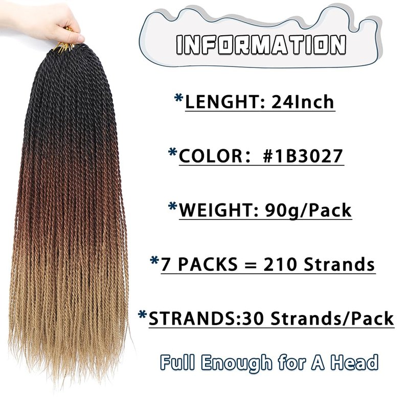 Senegalese Twist Crochet Hair - 7 Packs Pre-Looped Ombre Braiding Hair | 24 Inch, 1B/30/27