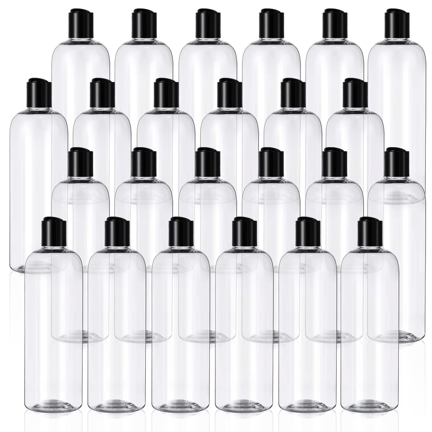 Nuenen 16 oz 24 Pcs Plastic Empty Bottles Squeeze Travel Containers with Black Disc Cap Refillable Shampoo Travel Bottles for Toiletries Lotion Container for Body Soap Cream (Clear)