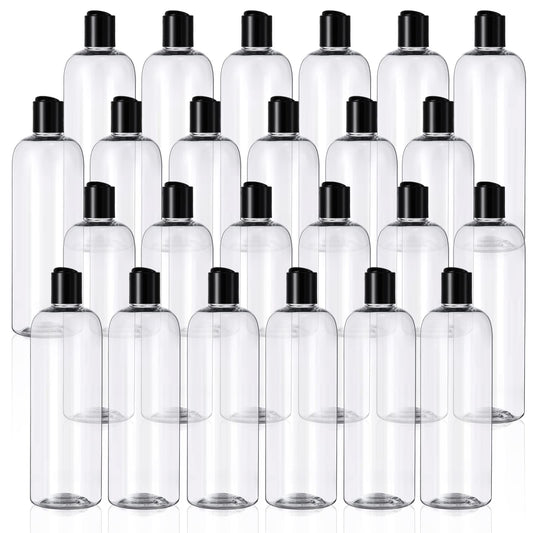 Nuenen 16 oz 24 Pcs Plastic Empty Bottles Squeeze Travel Containers with Black Disc Cap Refillable Shampoo Travel Bottles for Toiletries Lotion Container for Body Soap Cream (Clear)