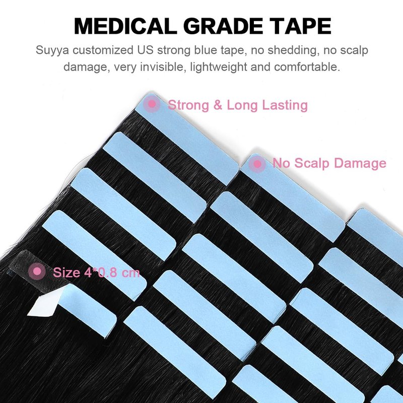 SUYYA Tape in Hair Extensions Jet Black 100% Remy Human 20 inches 20pcs 50g/pack Straight Seamless Skin Weft Hair(20 #1 Black)
