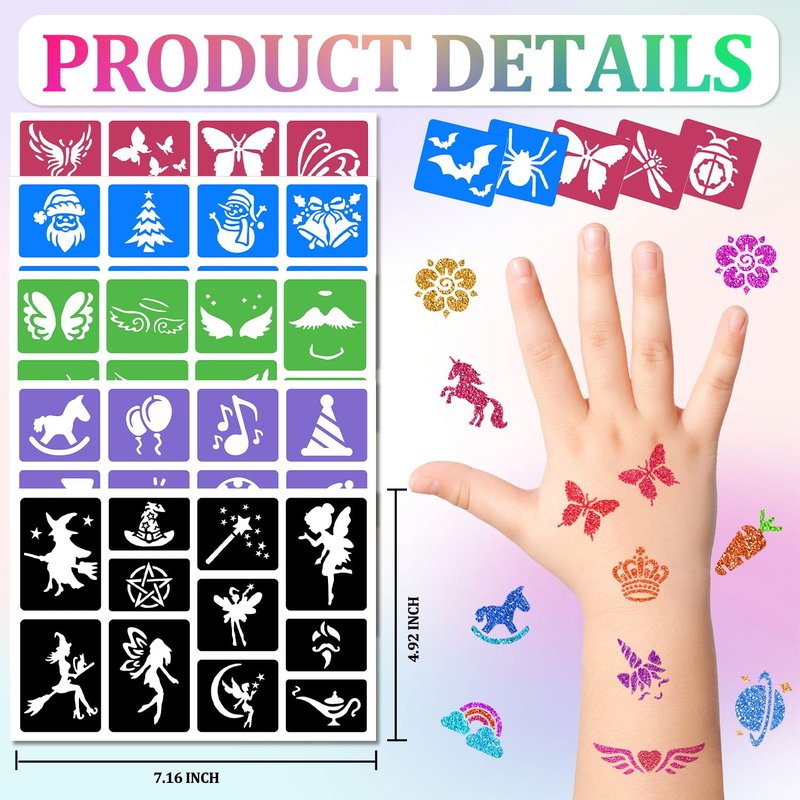 380pcs Temporary Tattoos Stencils, Face and Body Paint Stencils Kit, Girl Boy Glitter Tattoos, for School Show Birthday Halloween Christmas Various parties.