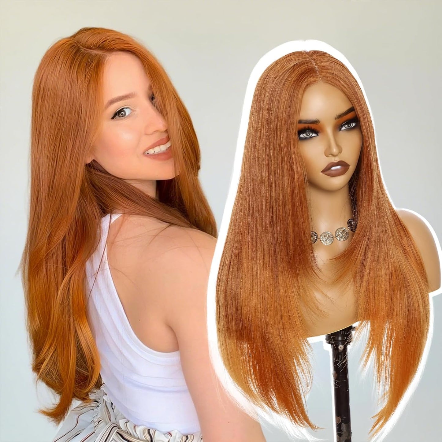 Worldnewhair Ginger Orange Lace Front Wig 13x4 HD Synthetic Wigs for Women Pre Plucked 26 Inch Long Straight Layered Wig for Daily