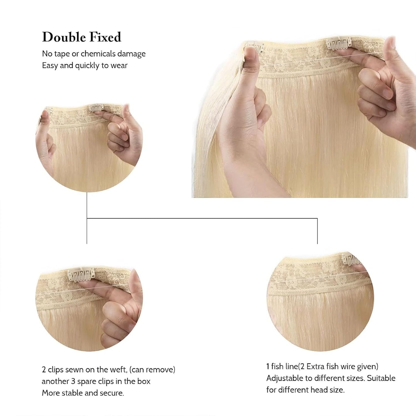 Real Human Hair Wire Extensions - 14 Inch Bleach Blonde Straight Hair | 80g Invisible Fish Line