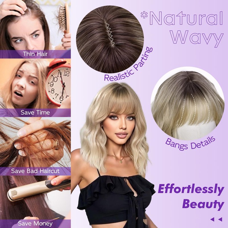 Short Wavy Wig with Bangs for Women Curly Wigs Natural Wavy Synthetic Wigs for Daily Party Cosplay (Ombre Blonde)