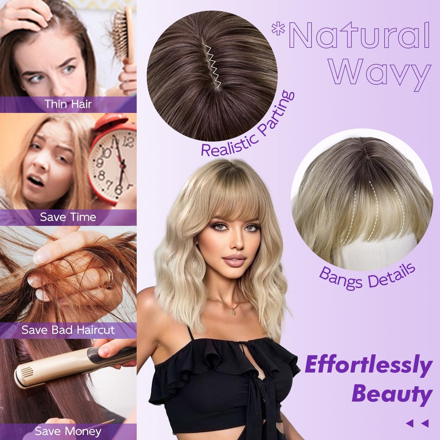 Short Wavy Wig with Bangs for Women Curly Wigs Natural Wavy Synthetic Wigs for Daily Party Cosplay (Ombre Blonde)