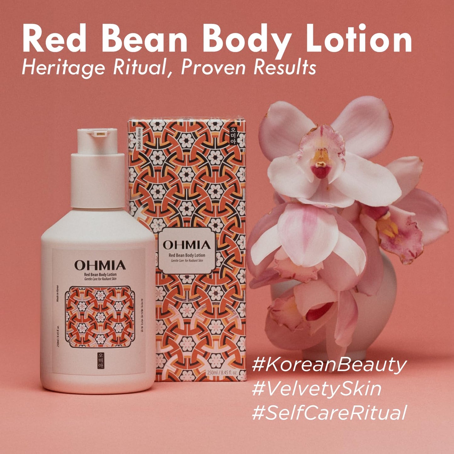 OHMIA Korean Red Bean Body Lotion - 24-Hour Hydrating Moisturizer for Dry Skin with Peptides & Hyaluronic Acid for Smooth Sensitive Skin Women & Men - Vegan & Cruelty-Free - 8.45 fl oz