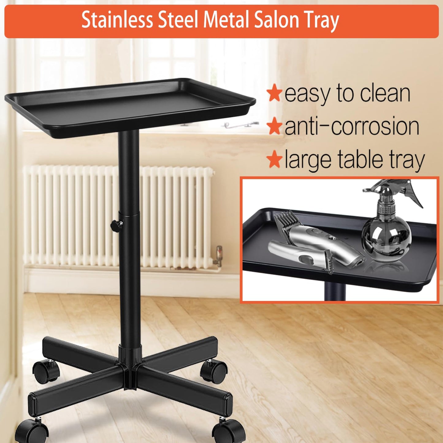 LKT COBTAC Salon Tray on Wheels,Height Adjustable Rolling Beauty Trolley Cart,Professional Salon Equipment for Barbershop/Spa/Home Use Black
