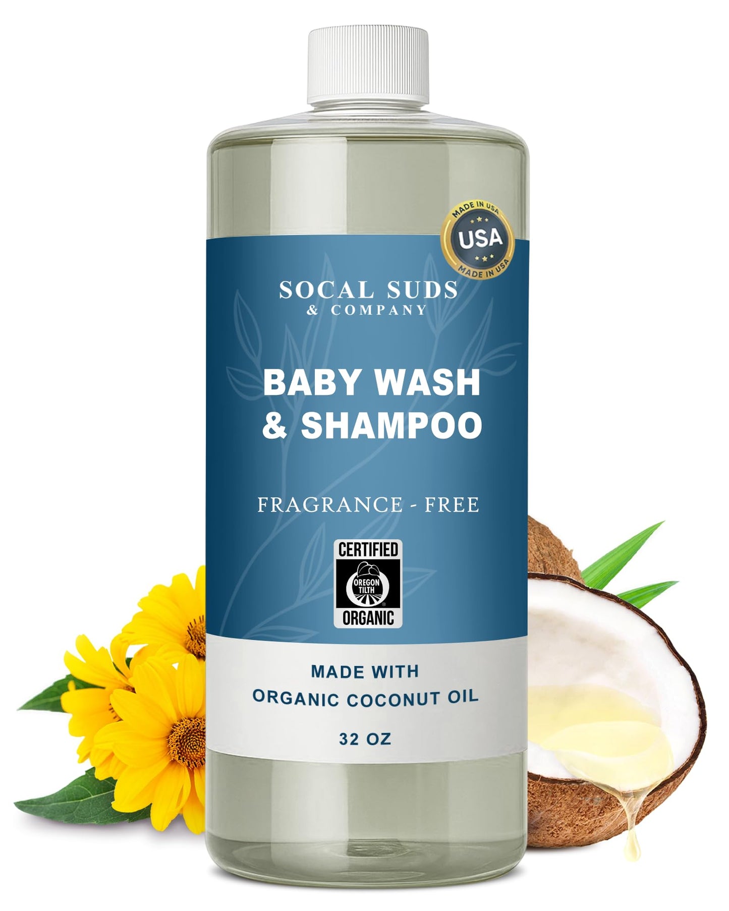SoCal Suds & Company 2-in-1 Organic Foaming Baby Shampoo & Body Wash - Castile Soap - Gentle Body Soap and Shampoo for Sensitive Skin - Newborn & Kids Bath - Refill - Fragrance Free, 32oz (Pack of 1)