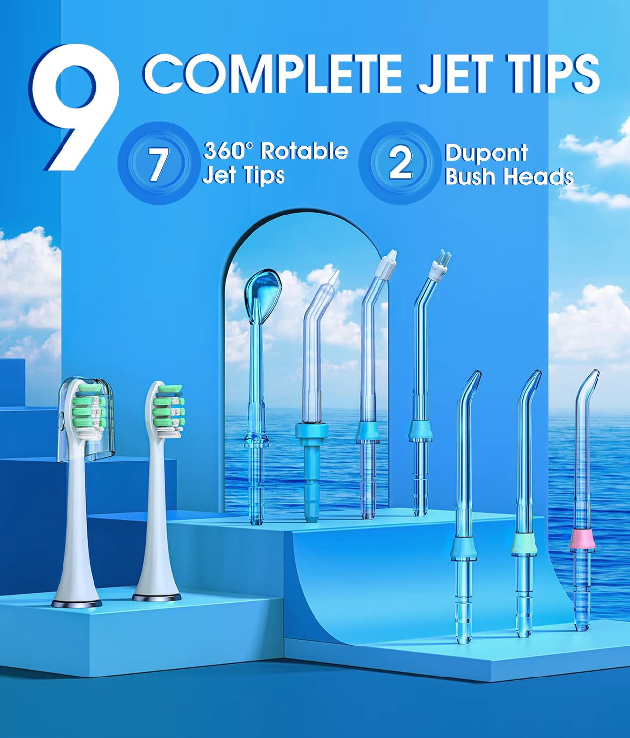 Electric Toothbrush and Water Flosser,600ML Oral Irrigator Water Flosser with 7 Jet Tips,10 Adjustable Pressure Settings,Sonic Electric Toothbrush with 2 Brush Heads,5 Modes(White)