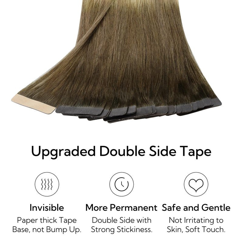 HOTBANANA Tape in Hair Extensions, 16 Inch 20pcs 50g Ombre Walnut Brown to Ash Brown and Bleach Remy Tape in Real Human Hair Extensions Straight