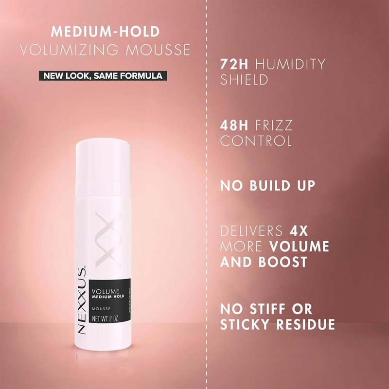 Nexxus Travel Mousse - Volume Medium Hold 4-Pack | 72-Hour Anti-Humidity, 48-Hour Frizz Control, Rose Scent, 2 Oz Each