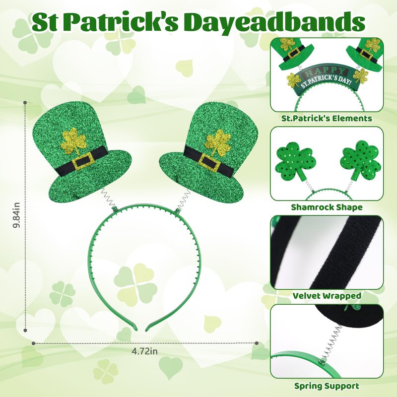 Fudragtn 9PCS St Patricks Day Headband,St.Patrick'S Day Green Shamrock Clover Headband for Women Girls Hair Accessories Headwear