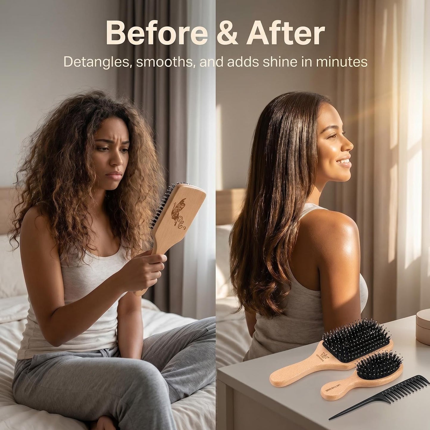 Boar Bristle Hair Brush and Comb Set for Women Men Kids, Best Natural Wooden Paddle Hairbrush and Small Travel Styling Brush for Wet or Dry Hair Detangling Smoothing Massaging