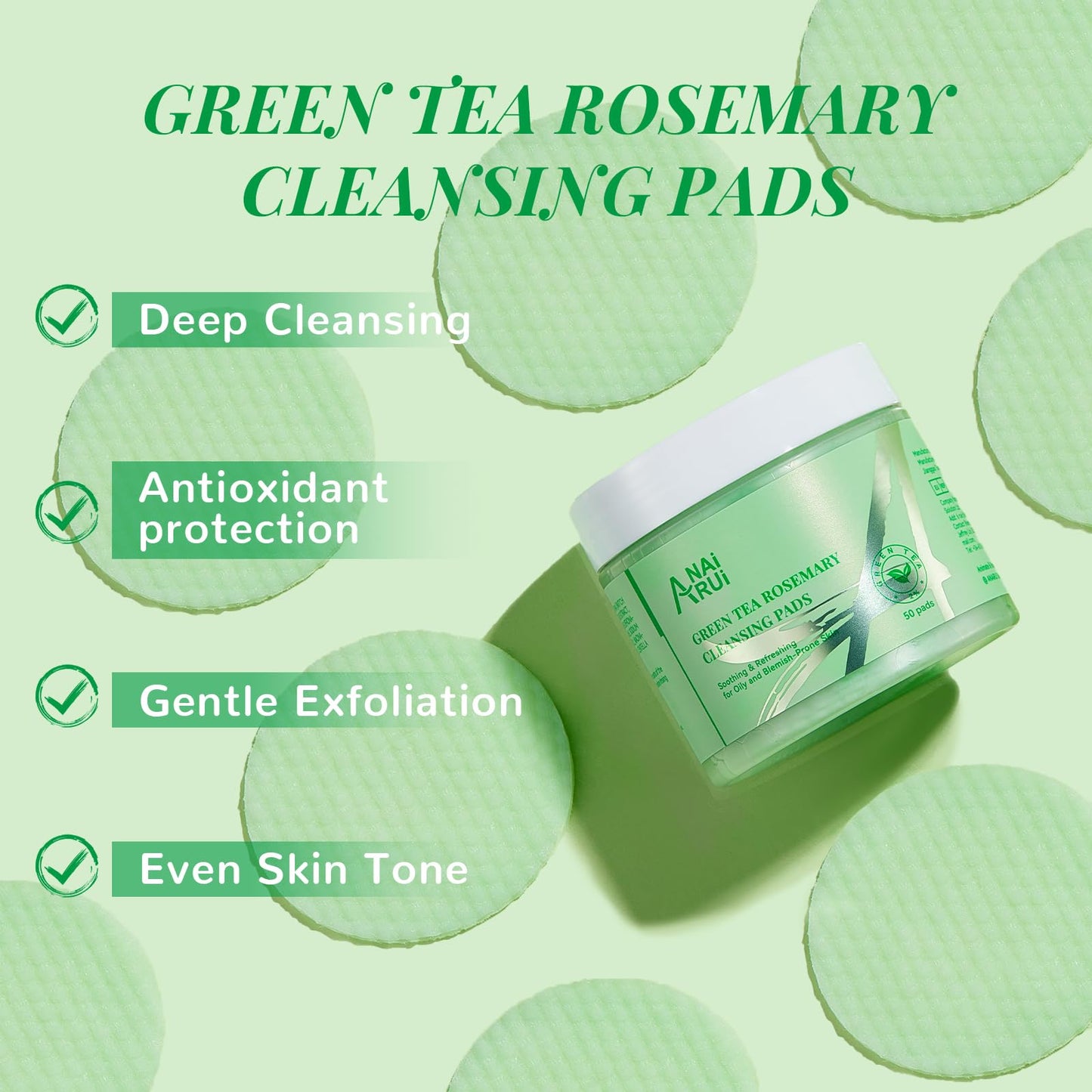 ANAI RUI Green Tea Rosemary Cleansing Pads, 50pcs