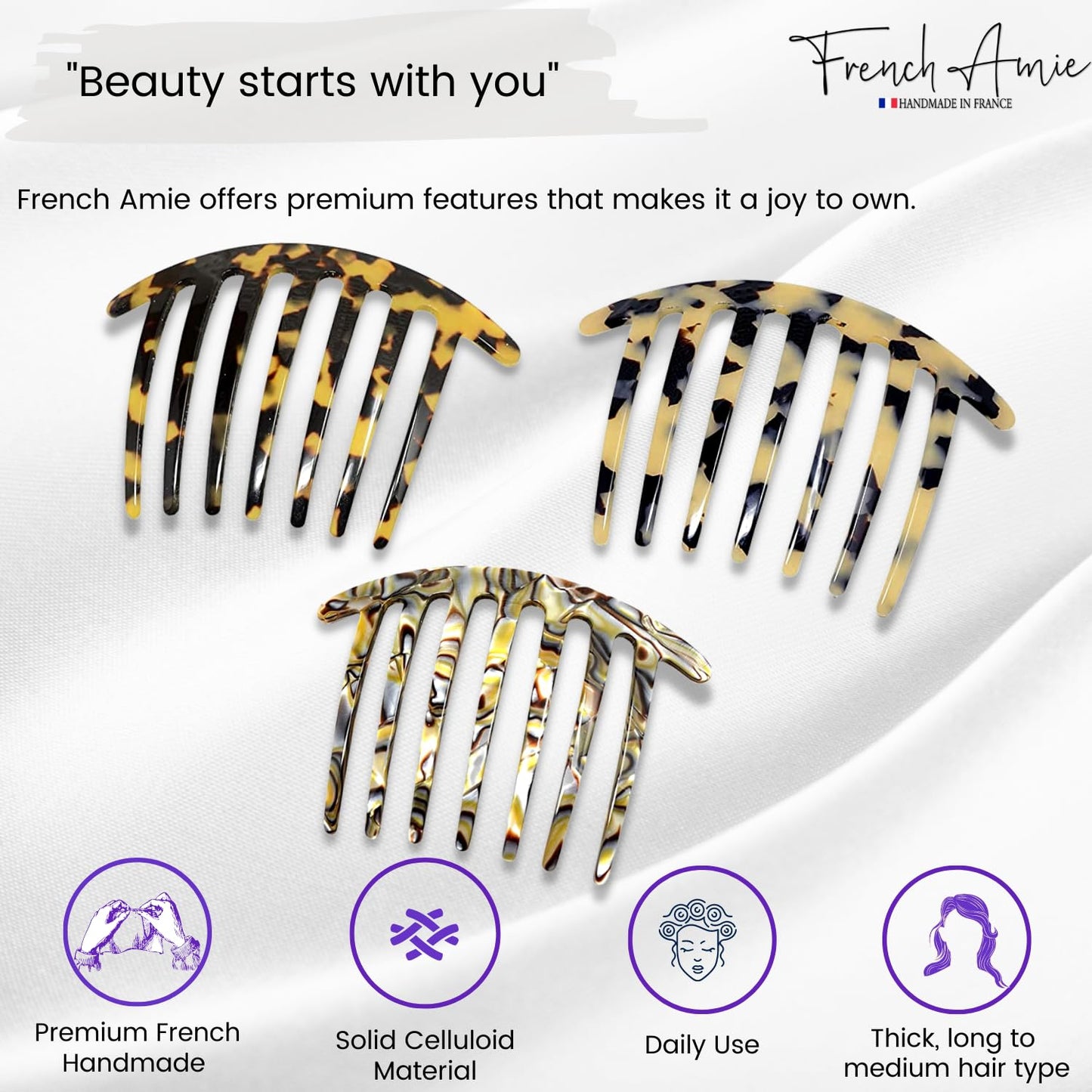 French Amie Curvy 7 Teeth Large 4” Celluloid Handmade Set of 3 Good Grip Hair Side Combs for Women and Girls
