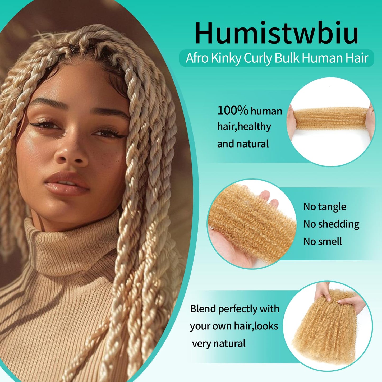 Afro Kinkys Bulk Human Hair for Dreadlocks Extensions Repair Lose,Twists,Braids 1B 4C Afro Kinky Curly Human Hair No Short Hair 50g/Pack 1B 18 Inch