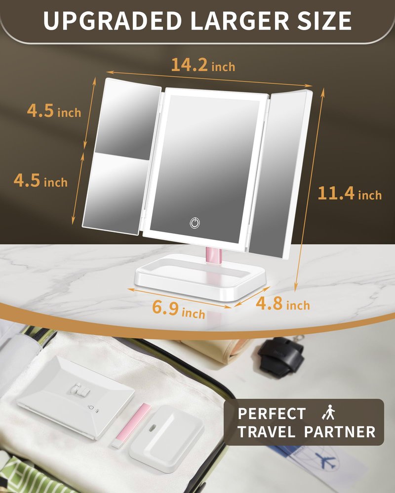 BERTHALESS 2 Pack for Mom Makeup Mirror Vanity Mirror with Lights, 14.4" L x 9.1" W Rechargeable Lighted Mirror with 1X 2X, 3X, Magnification