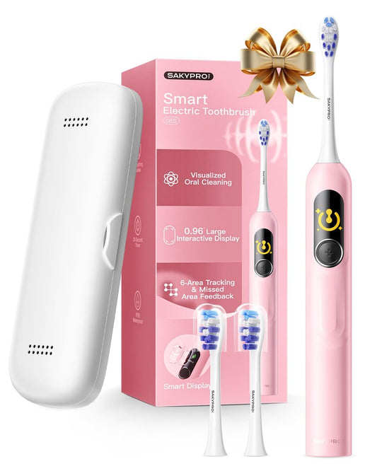 SAKYPRORAL Kids Electric Toothbrush for Girls Teens Tween (6-15Y), Smart Screen with Brushing Score, Soft Bristles, Visual Timer for Braces, 150 Days Battery with Travel Case (Pink)