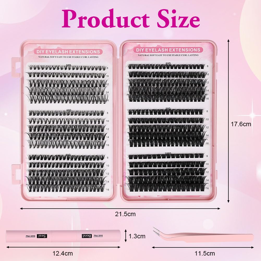 AOMIG Cluster Eyelash Extensions Kit, 570PCS Volume Fluffy Lash Clusters, 8-16mm Individual Lashes Kit with Eyelash Bond and Tweezers, Thick Eye Lash Clusters DIY Cat Eye Lashes Natural Looking