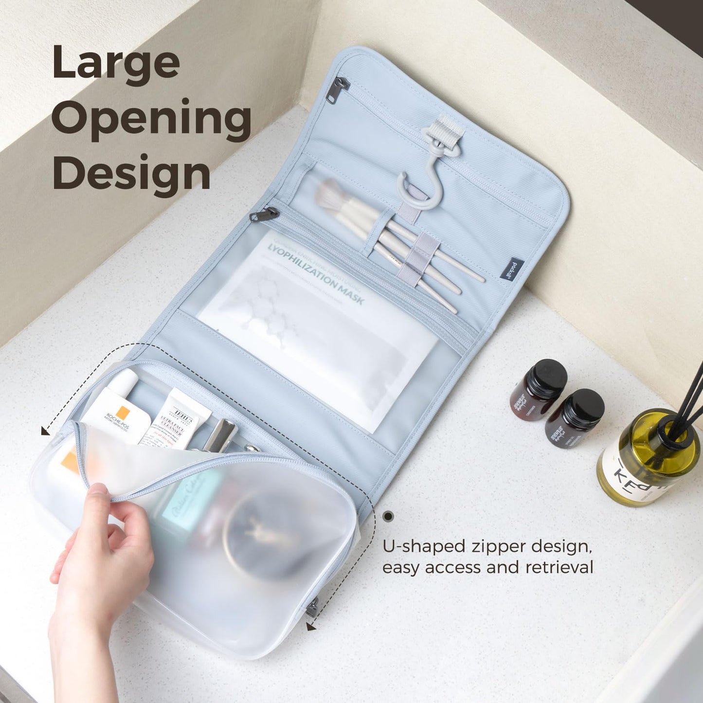 pack all Hanging Travel Toiletry Bag, Foldable Cosmetic Bag with Multiple Compartments, Water-Resistant Makeup Bag for Toiletries, Accessories (Light Blue)