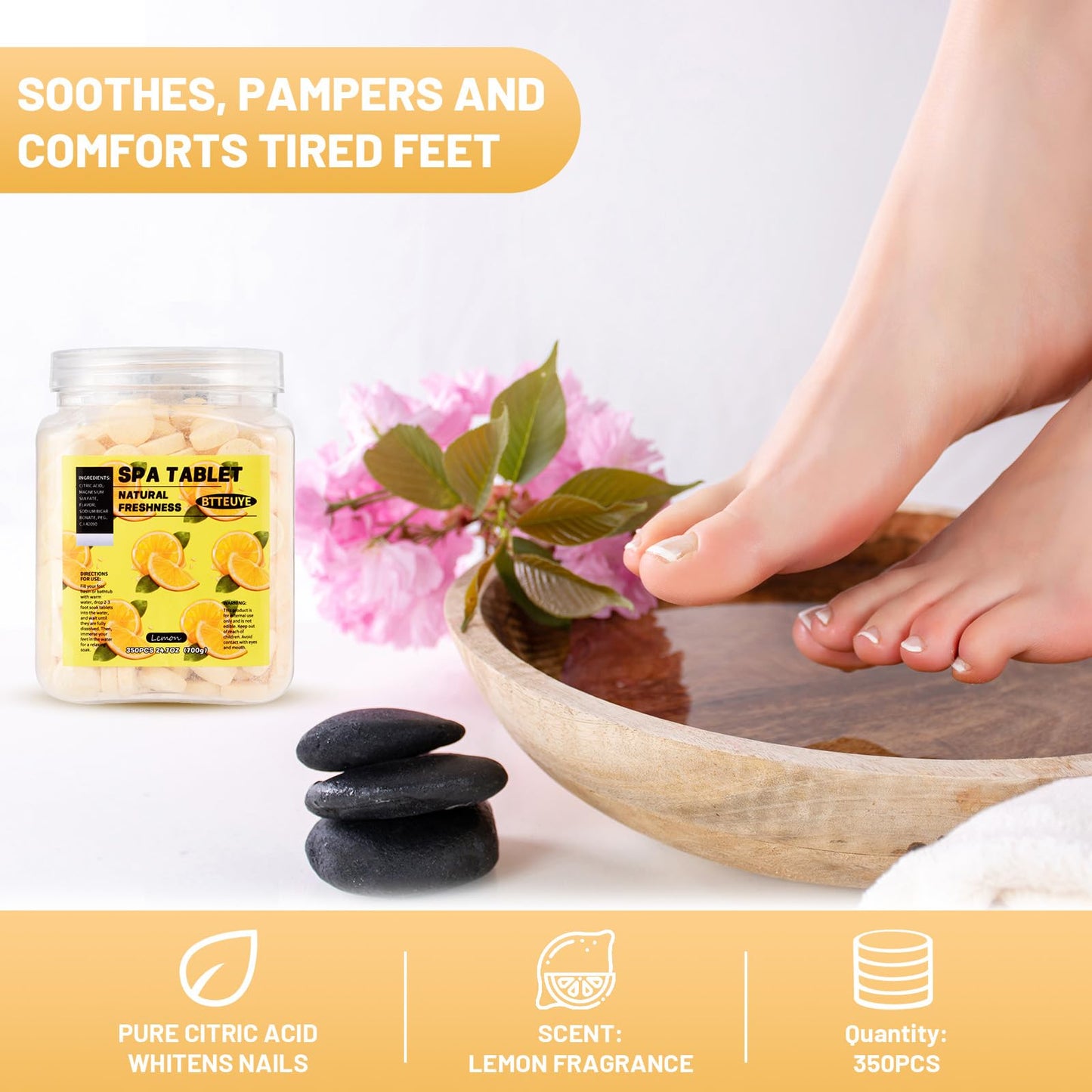 BTTEUYE Foot Spa Soak Tablets for Calluses,Foot Pedicure Soak,Natural & Refreshing,Relieve Fatigue,Soothe & Protect Feet,Lemon Scent,350-Count