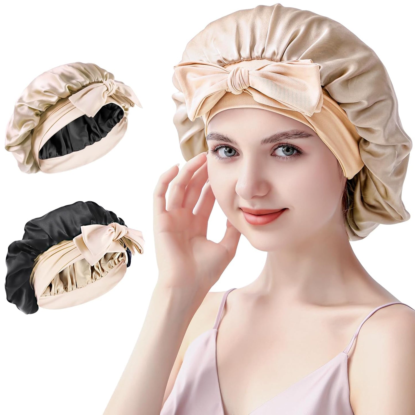 Silk Bonnet for Sleeping | 22 Momme 100% Mulberry Silk Sleep Cap - Double-Layer Reversible Hair Wrap for All Hair Types - Champagne