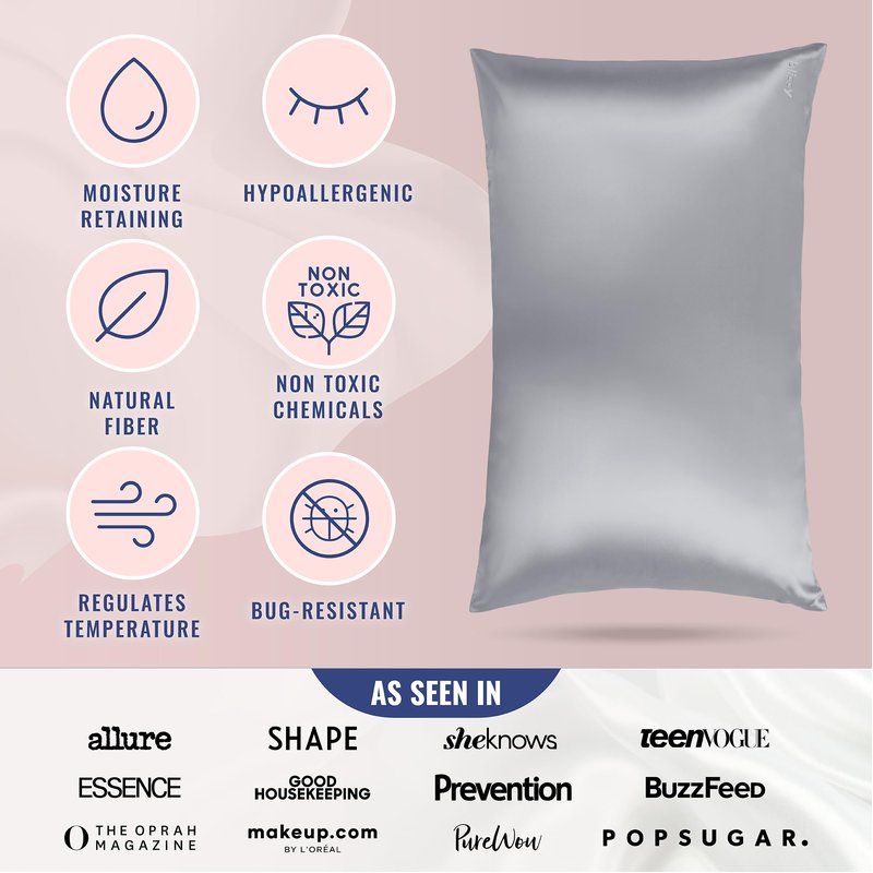 Blissy Silk Pillowcase - 100% Pure Mulberry Silk - 22 Momme 6A High-Grade Fibers - Silk Pillow Cover for Hair & Skin - Regular, Queen & King (Silver, Queen)
