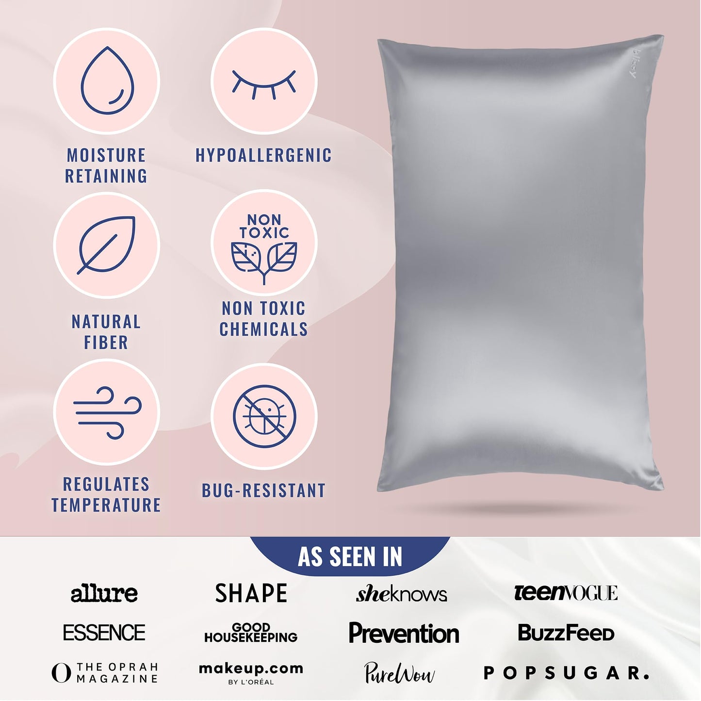 Blissy Silk Pillowcase - 100% Pure Mulberry Silk - 22 Momme 6A High-Grade Fibers - Silk Pillow Cover for Hair & Skin - Regular, Queen & King (Silver, Queen)