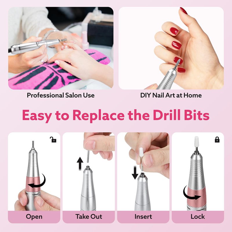 Nimmu Portable Nail Drill Professional, 45000RPM Electric Nail File for Acrylic Nail Remove Gel Polish, Rechargeable Nail Drill Machine with 11 Bits Kit for Manicure Salon Home (Pink)