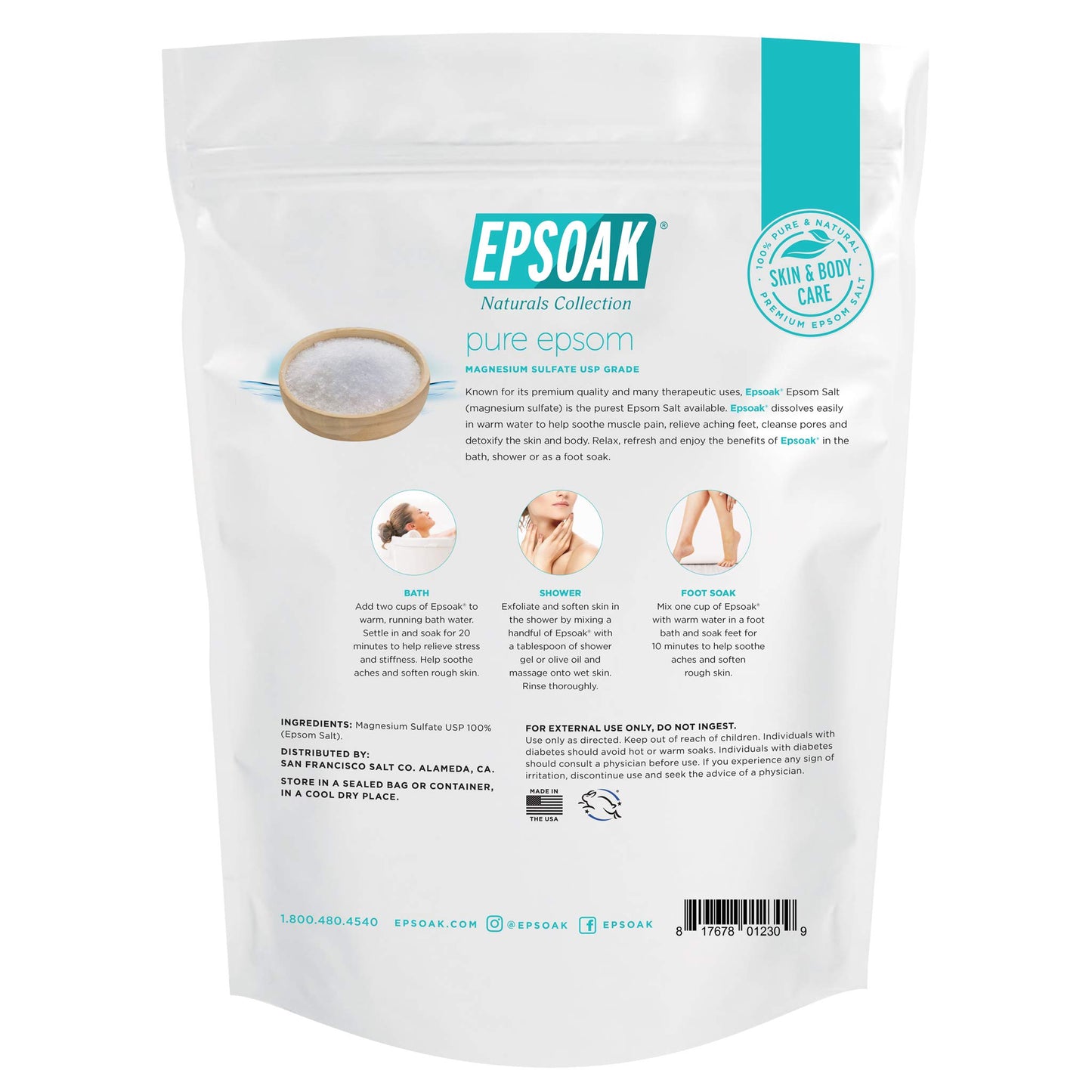 Epsoak Epsom Salt 12 lb. Magnesium Sulfate USP. (Qty. 6 x 2 lb. Bags) Resealable Epsom Salt Bag Unscented, Made in The USA, Cruelty-Free Certified