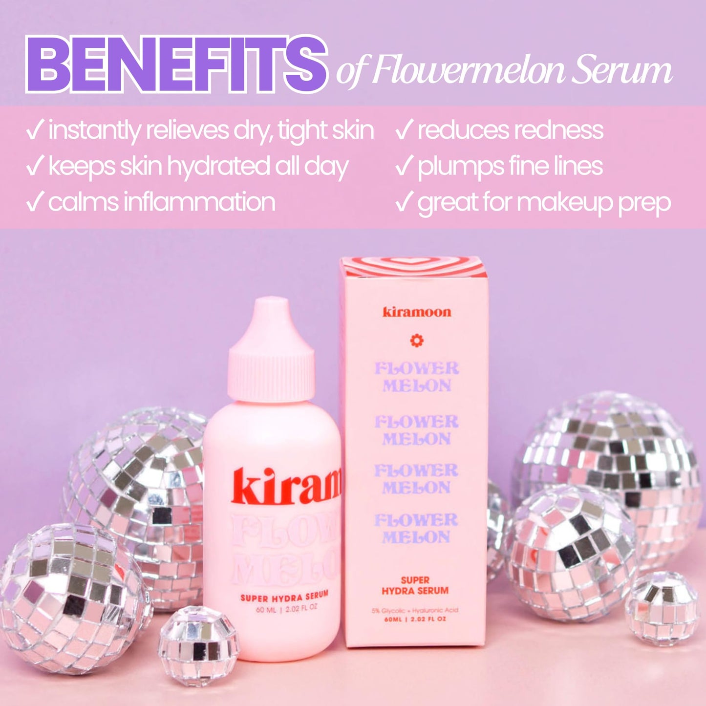 Kiramoon Flowermelon Hydrating Serum & Lightweight Daily Moisturizer to Reduce Dryness, Aloe + Chamomile + Niacinamide, All Skin Types including Sensitive Skin, Fragrance Free, Cruelty Free, 2 fl oz