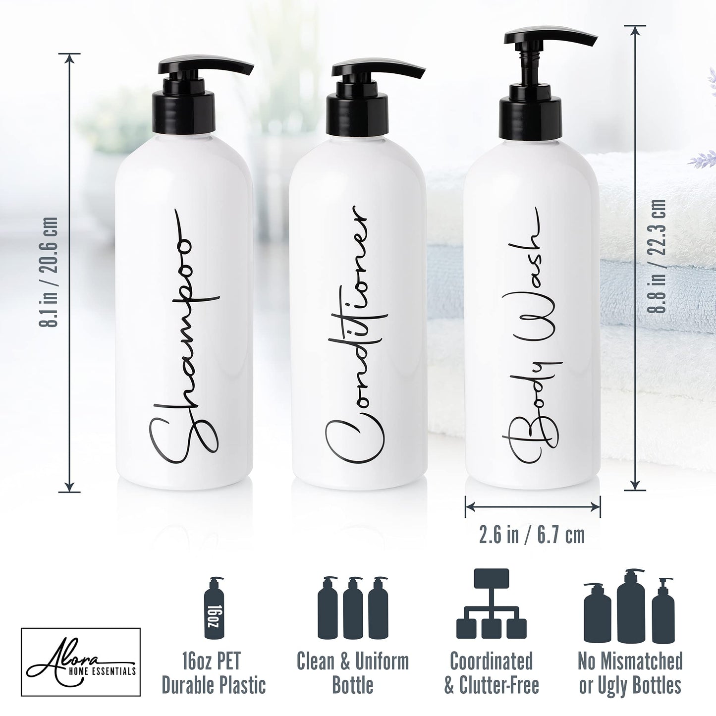 Alora 32oz Reusable Shampoo and Conditioner Bottles - Set of 3 - Easy to Read Labels - Pump Bottle Dispenser for Shampoo, Conditioner, Body Wash - Empty Plastic Refillable Containers for Shower