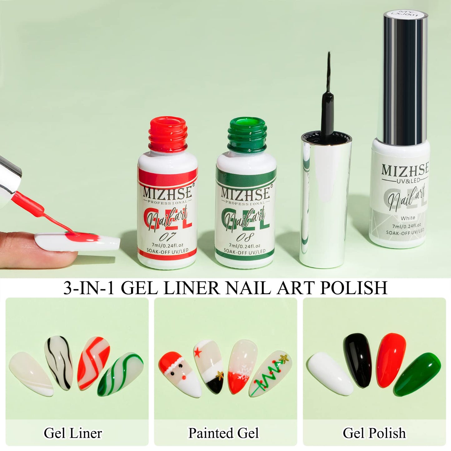 MIZHSE Gel Liner Nail Art Polish Christmas Spider Line 7ml, Drawing Painting Swirl French Nail Design, Green Red Manicure Set for Gel Paint