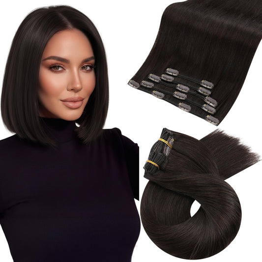 Moresoo Short Human Hair Clip in Extensions Brown Double Weft 10 inch Clip in Hair Extensions for Women Dark Brown #2 5pcs 80g