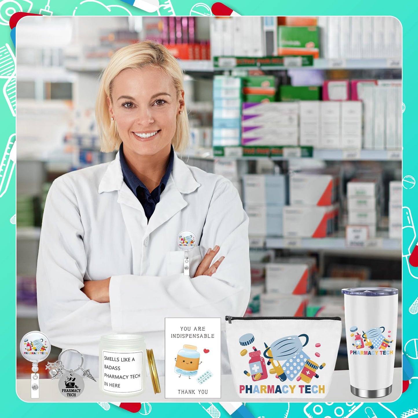 6Pcs Pharmacy Technician Appreciation Gifts Include Cup Portable Cosmetic Bag Badge Keychain Aromatherapy Thank You Card Pharmacy Technician Accessories for Doctors Nurses Week Gift Supplies